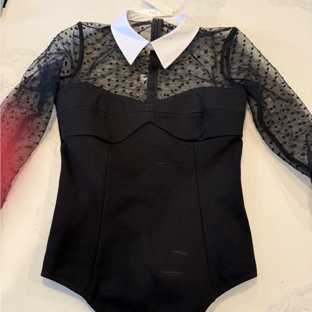 Black Sheer Polka Dot Bodysuit with White Collar